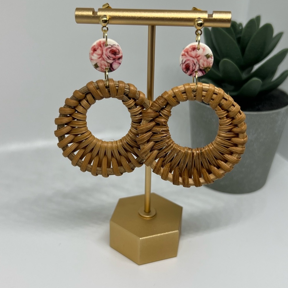 Floral‎ polymer clay and rattan statement earrings
